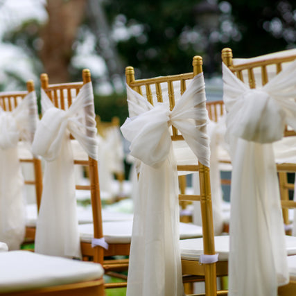 WeddingGold chairs decorated with white ribbons.