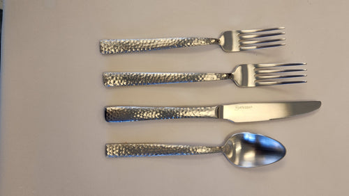 Hammered Flatware Dinner Fork, Salad Fork, Table Knife, Table Spoon, and Tea Spoon.